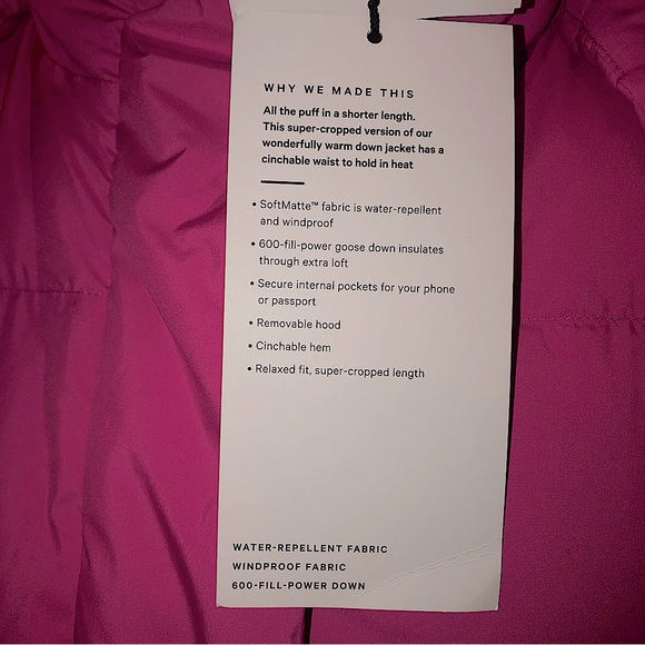 Lululemon NWT Sonic Pink,Wunder Puff Super Cropped Down Jacket,Size-10 - Picture 6 of 16